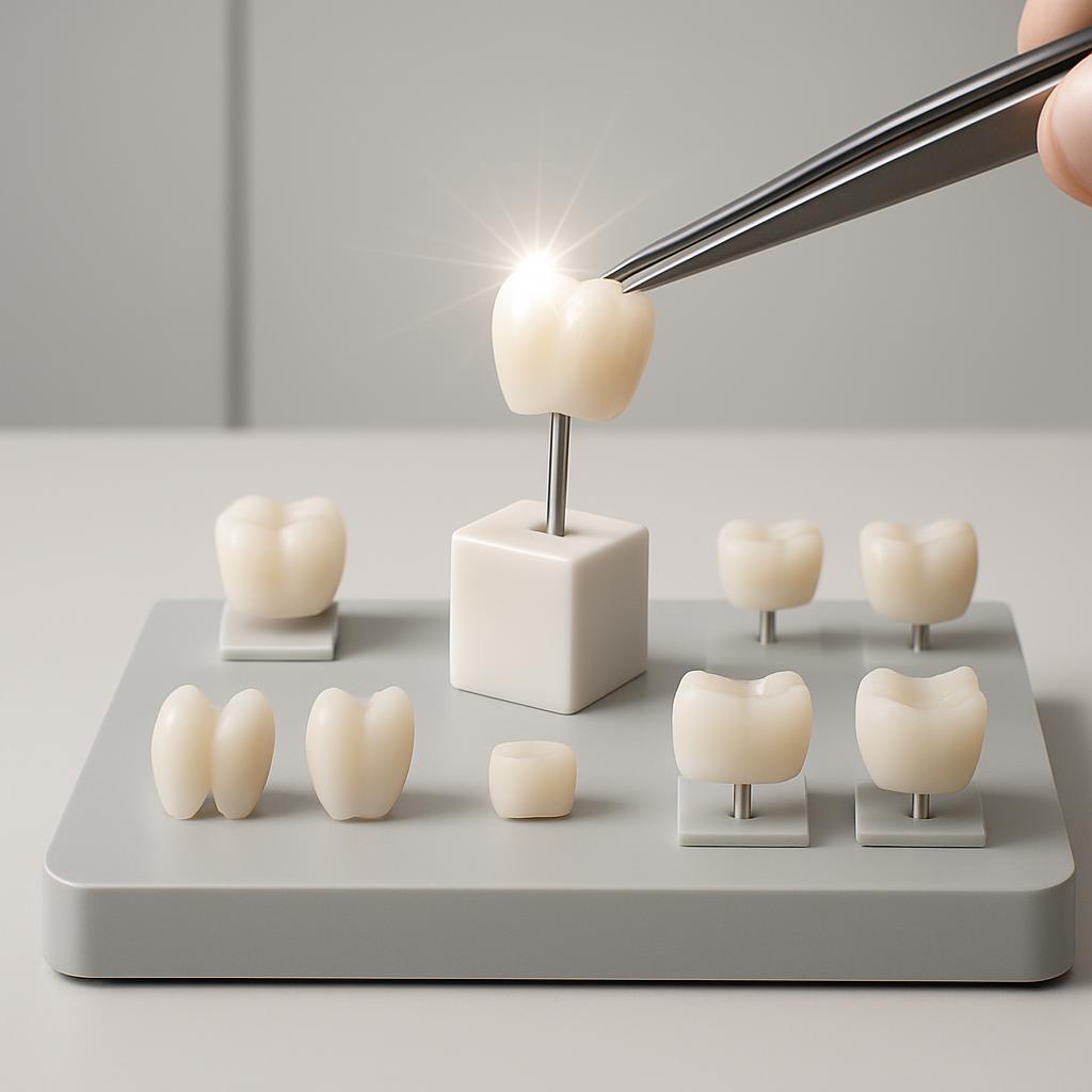 Uma imagem de um modelo dental com uma dentadura ípsita conectada praticamente dentro de uma luz que conjuga uma arquitetu...